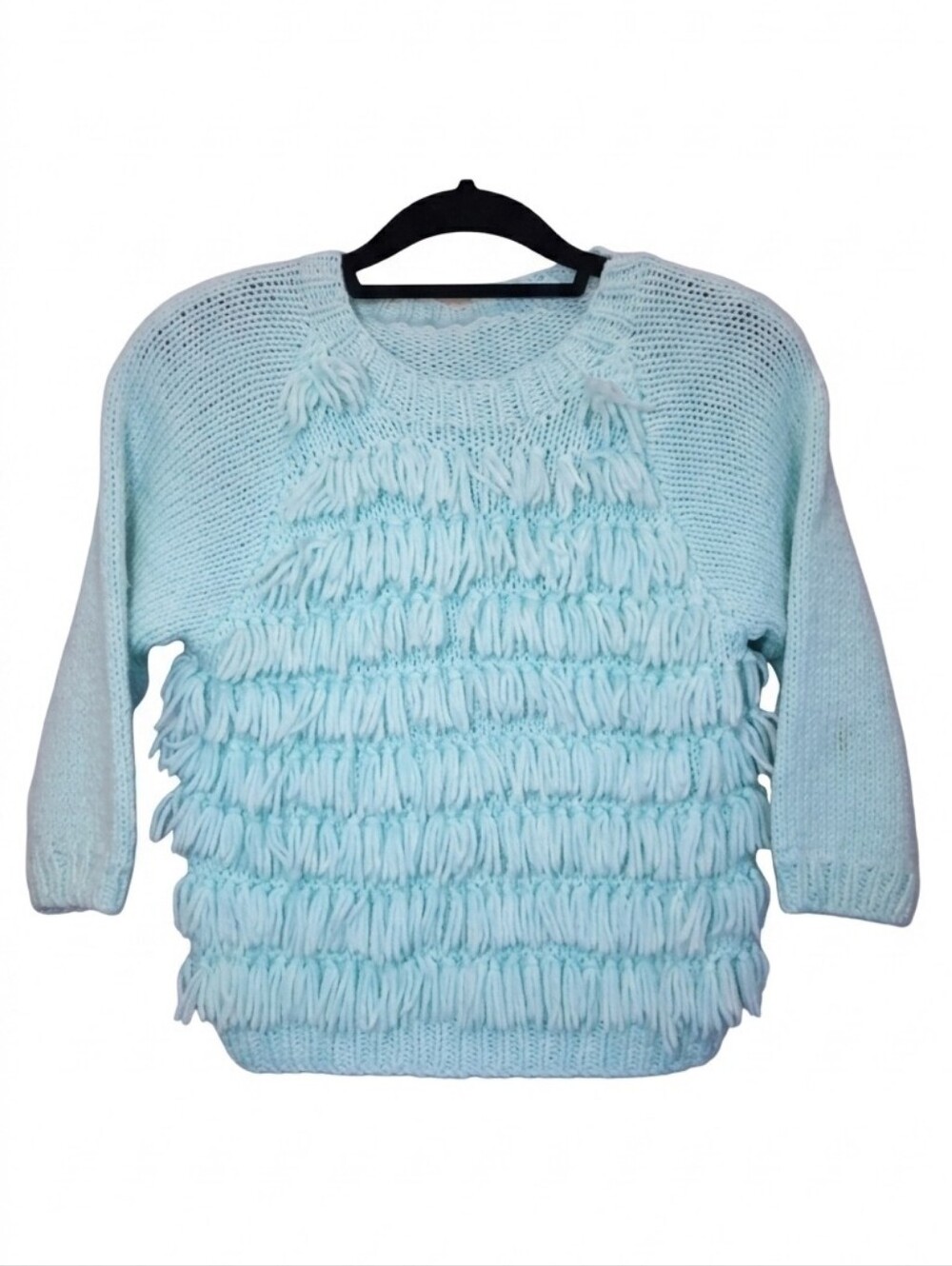 Vintage Handmade Knit Kids Sweater Shag Raglan Scoop Neck Pullover 70s 80s